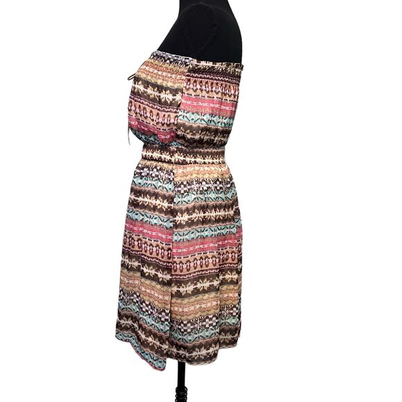 YA Los Angeles Size M Strapless Silk Southwest Print Mini Dress Leather Lace - Picture 4 of 10